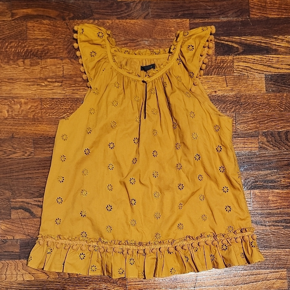 J. Crew Golden Mustard Eyelet Boho Sleeveless Tassle Blouse Girlhoodcore Medium